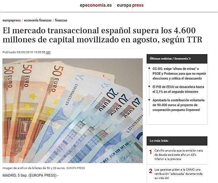 El mercado transaccional espaol supera los 4.600 millones de capital movilizado en agosto, segn TTR